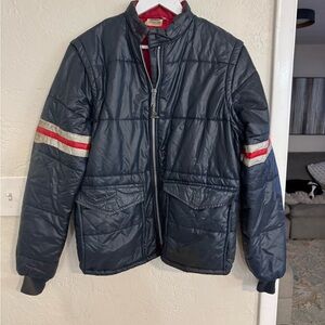 Men's Vintage Honda Blue Puffer Jacket with Red Stripes Size medium.